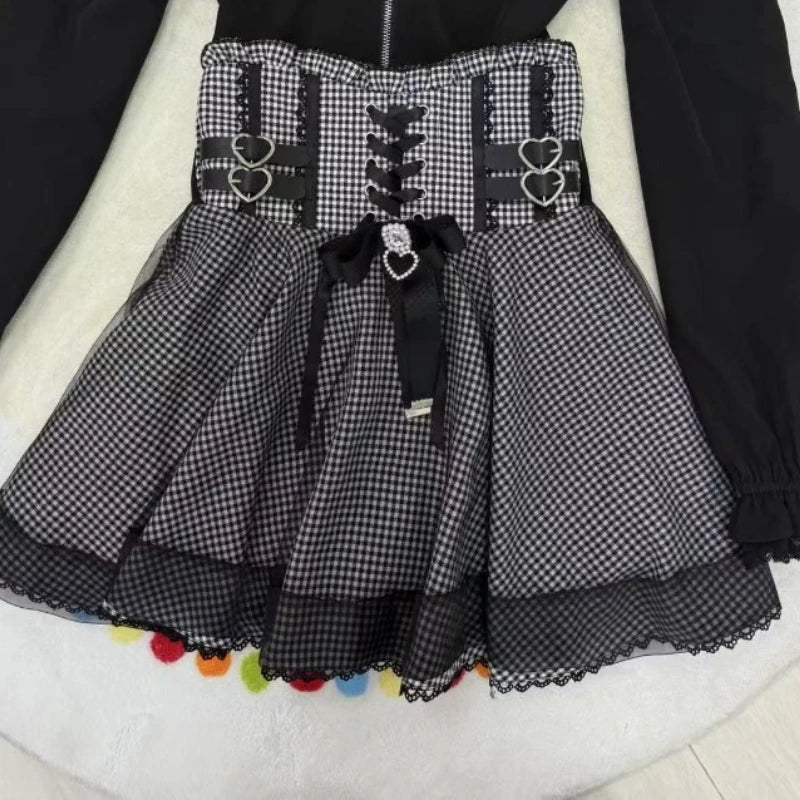 Jirai Kei Gingham Lace-Up Corset Dress with Off-Shoulder Lace Blouse Only skirt Shoptery