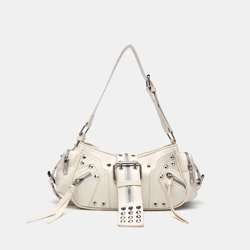 Riot Buckle Studded Shoulder Bag Beige Shoptery