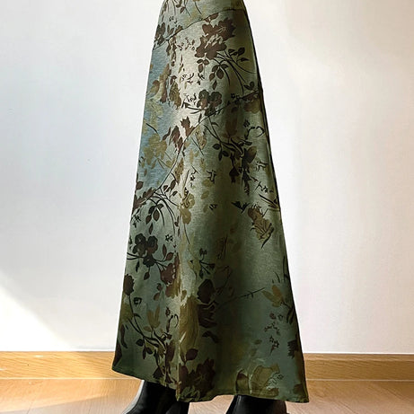 Retro Olive Bloom A-Line Skirt Shoptery