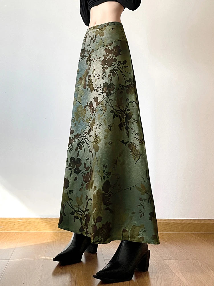 Retro Olive Bloom A-Line Skirt Shoptery
