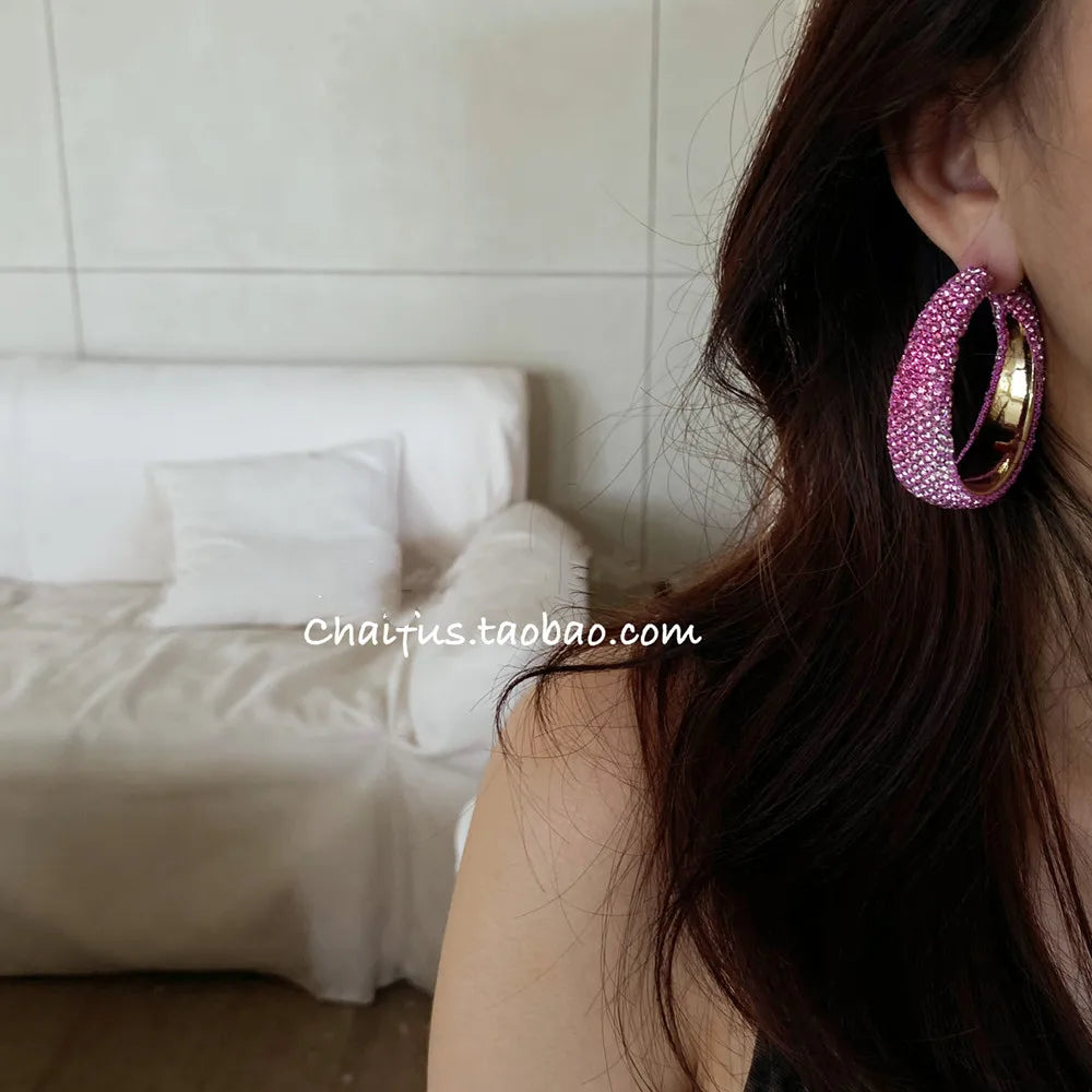 Gyaru Pavé Crystal Statement Hoop Earrings in Hot Pink Shoptery