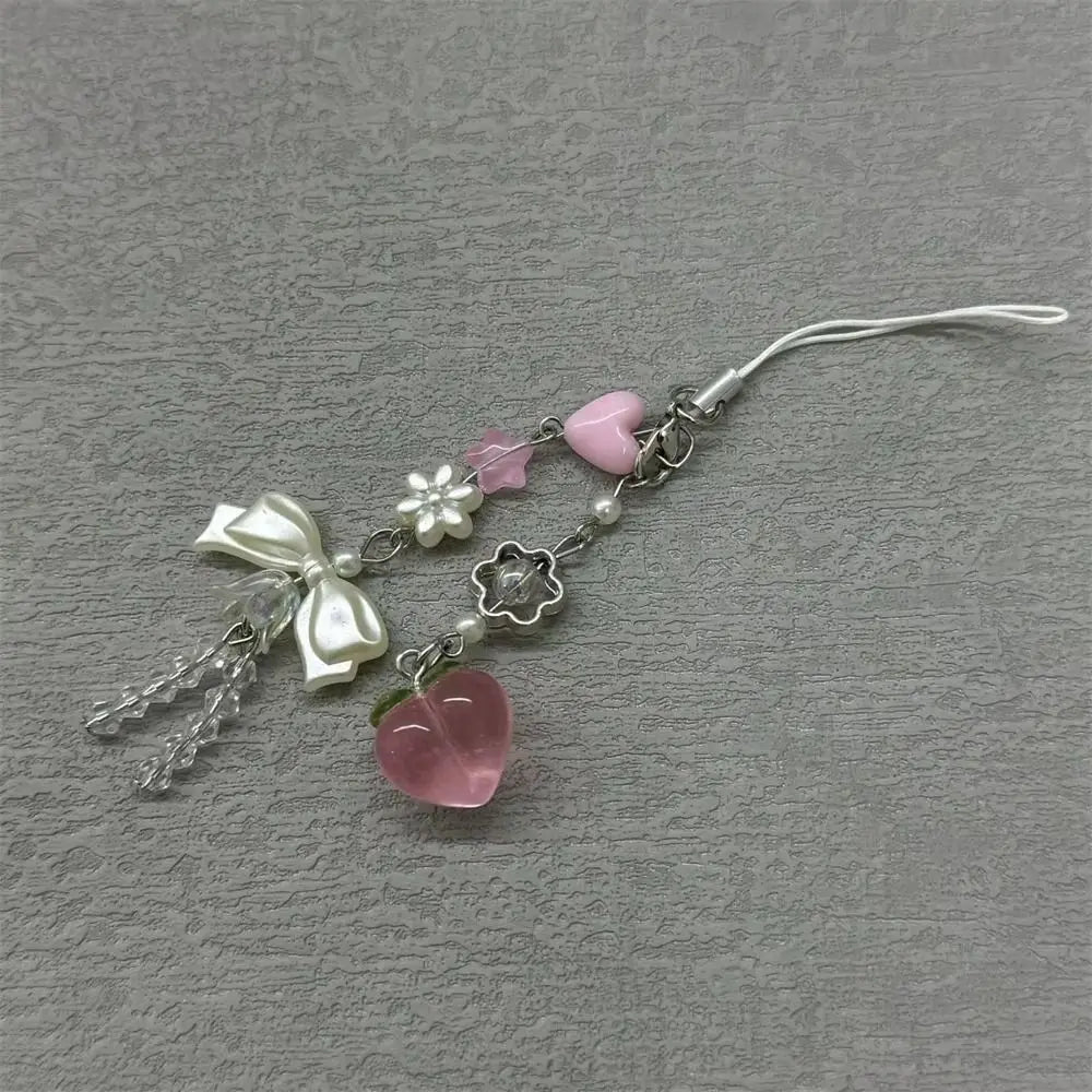 Fairy Kei White Lace Heart & Flower Bead Phone Strap Charm Shoptery
