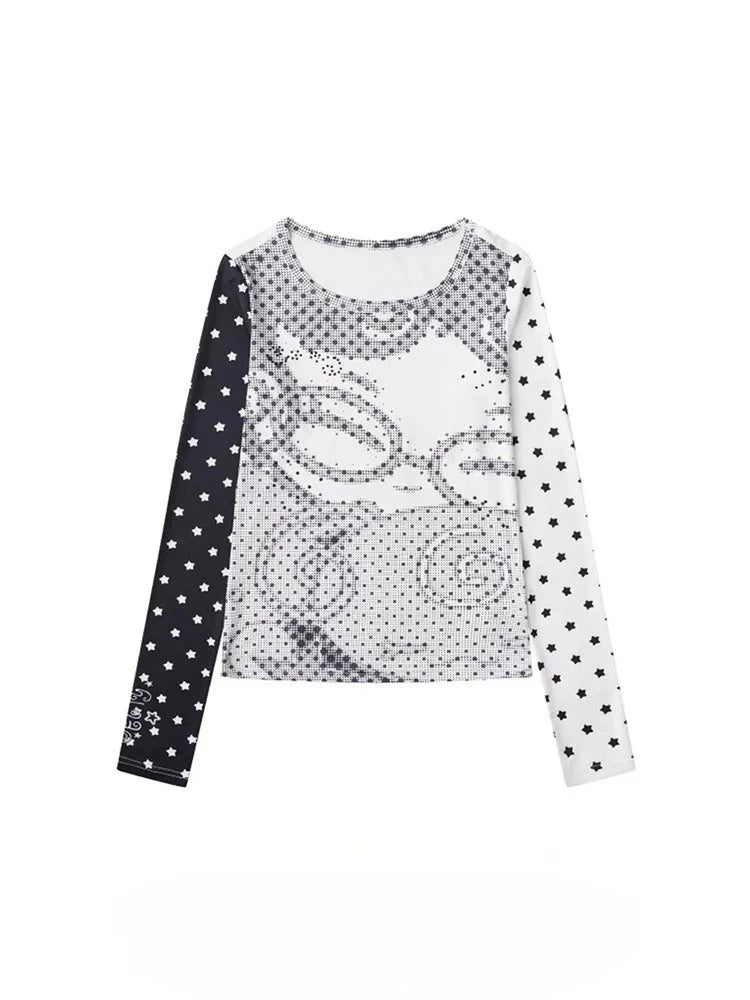 Jirai Kei Star Print Cat Graphic Layered Long Sleeve Top Pic Shoptery Main image
