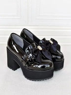 Jirai Kei Black Patent Platform Loafers with Satin Bow & Rhinestone Shoptery