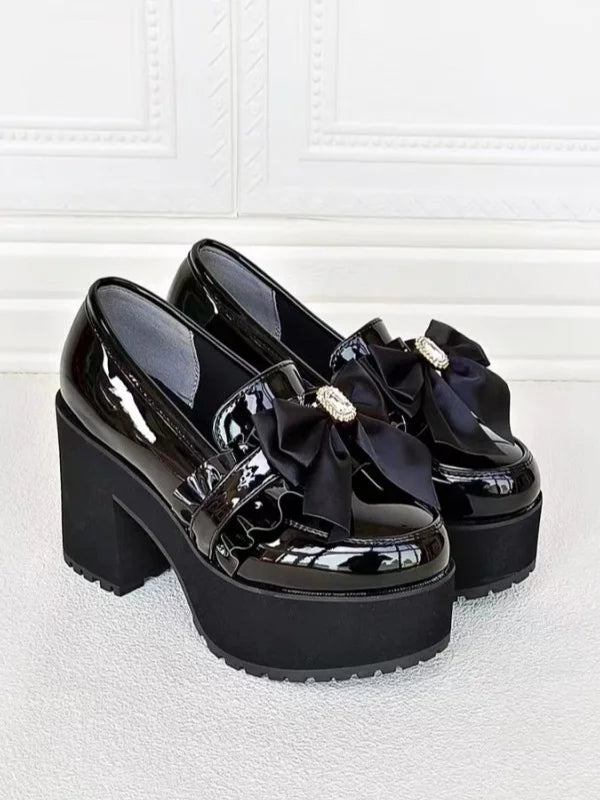 Jirai Kei Black Patent Platform Loafers with Satin Bow & Rhinestone Shoptery