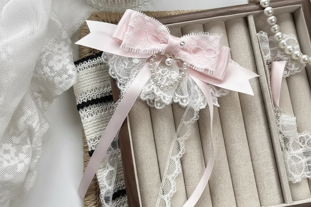 Jirai Kei Pink Satin Lace Pearl Bow Hair Clip Set Style 1 HAIR CLIP Shoptery