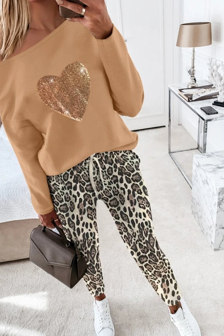 New Skew Neck Long Sleeve Top Leopard Print Pants Sets