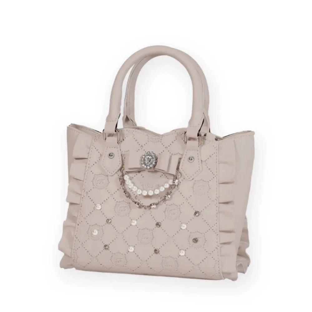 Jirai Kei Quilted Pearl Bow Ruffle Tote Bag in Ivory White pink Shoptery
