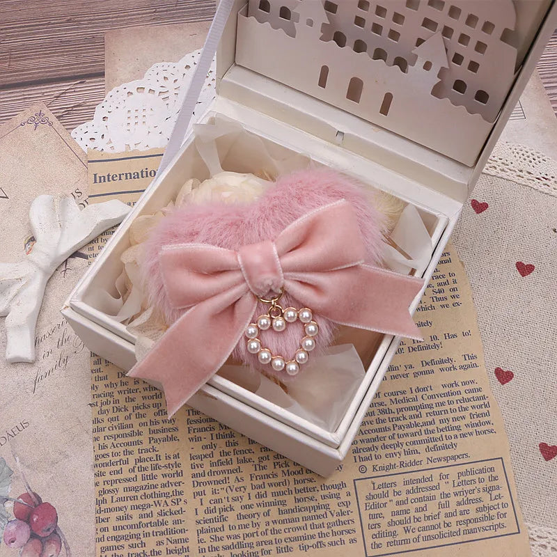 Jirai Kei Fluffy Heart Velvet Bow Pearl Charm Hair Clip 05 all light pink Shoptery