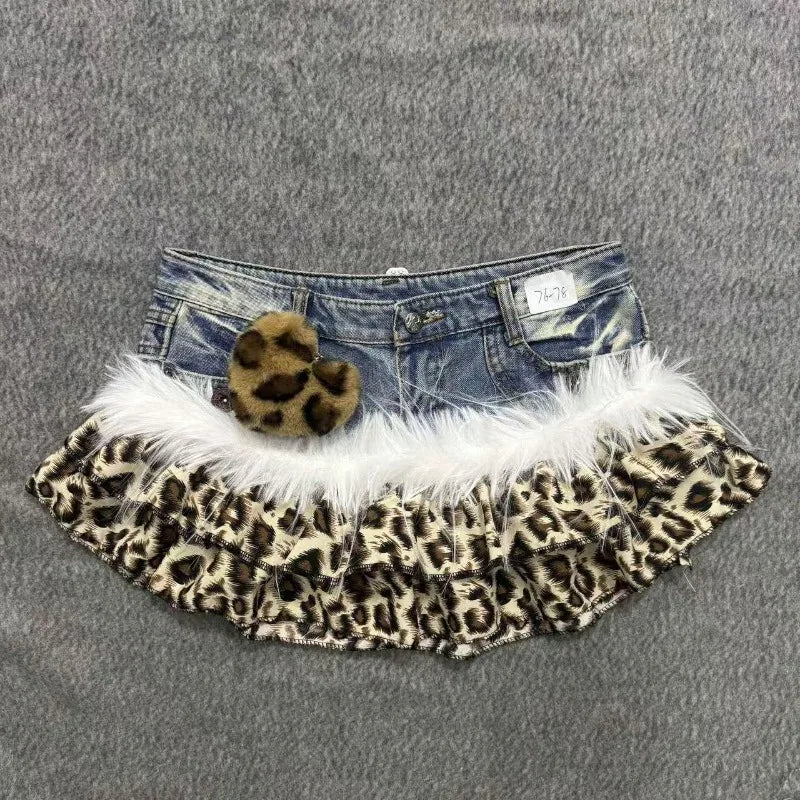 Gyaru Leopard Faux Fur Ruffle Denim Mini Skirt with Pom Charm A9 Shoptery