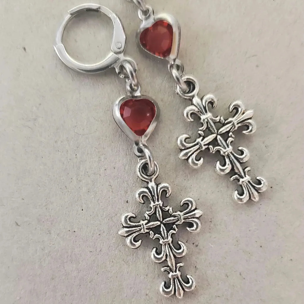 Jirai Kei Silver Ornate Cross & Red Crystal Heart Dangle Earrings Shoptery