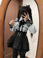 Jirai Kei Red Ruffle Blouse & Black Pleated Skirt Gothic Set Shoptery