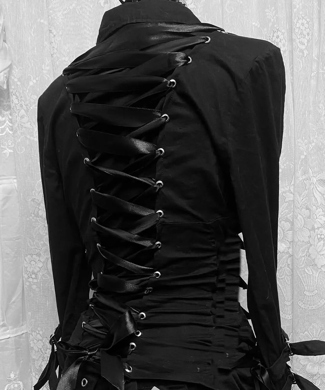 Visual Kei Black Multi-Buckle Strap Lace Collar Long Sleeve Shirt Shoptery