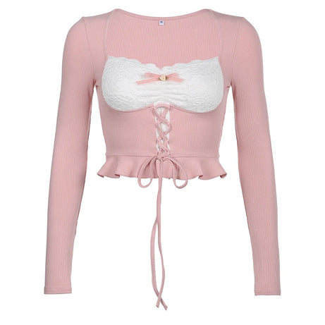 Coquette Pink Patchwork Long Sleeve Top Pink Shoptery