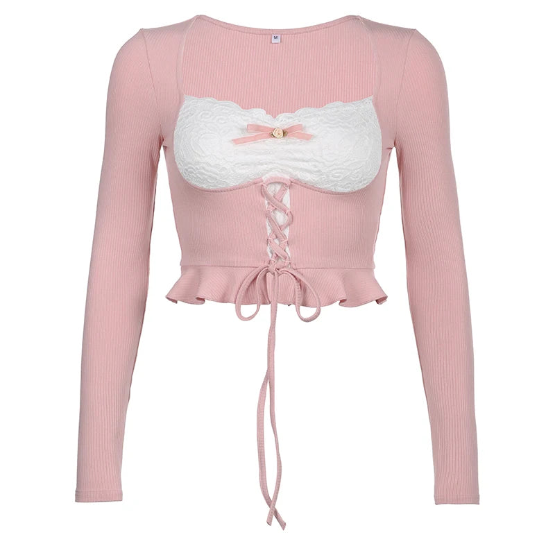 Coquette Pink Patchwork Long Sleeve Top Pink Shoptery