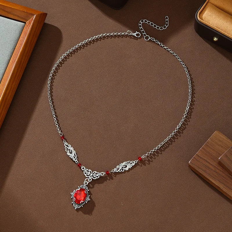 Visual Kei Baroque Filigree Red Crystal Pendant Necklace Shoptery