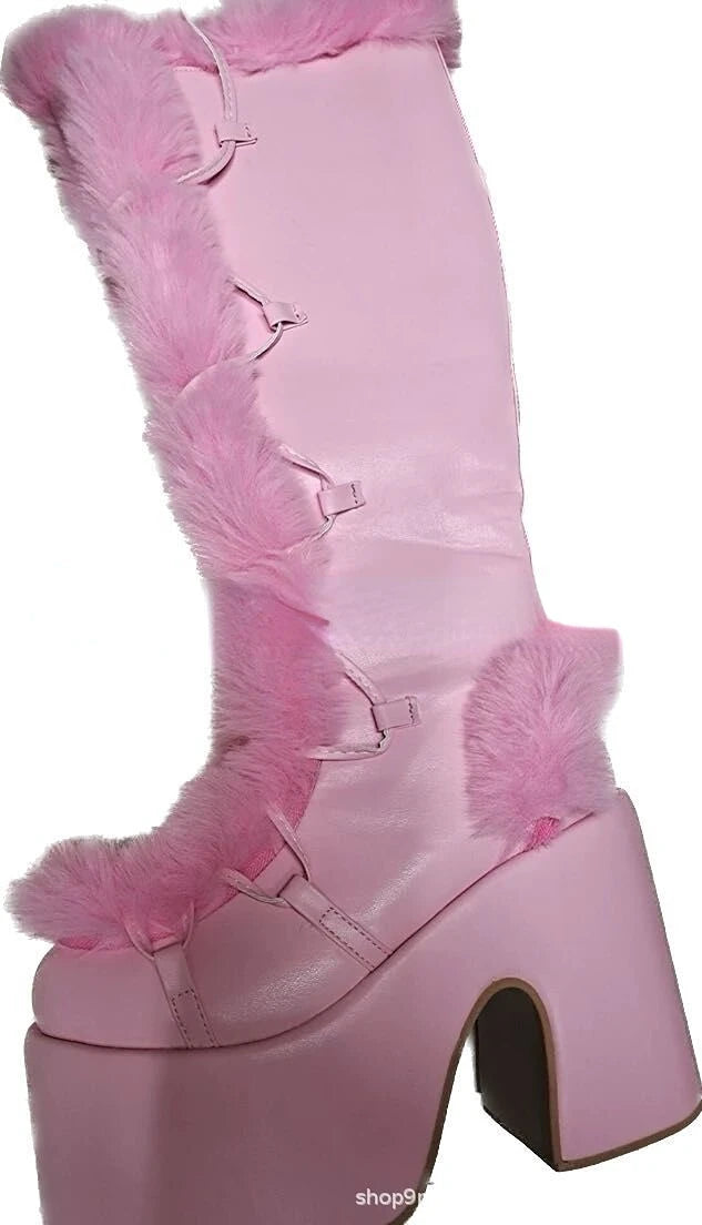 Jirai Kei Faux Fur Lace-Up Knee-High Platform Boots pink PU leather Shoptery