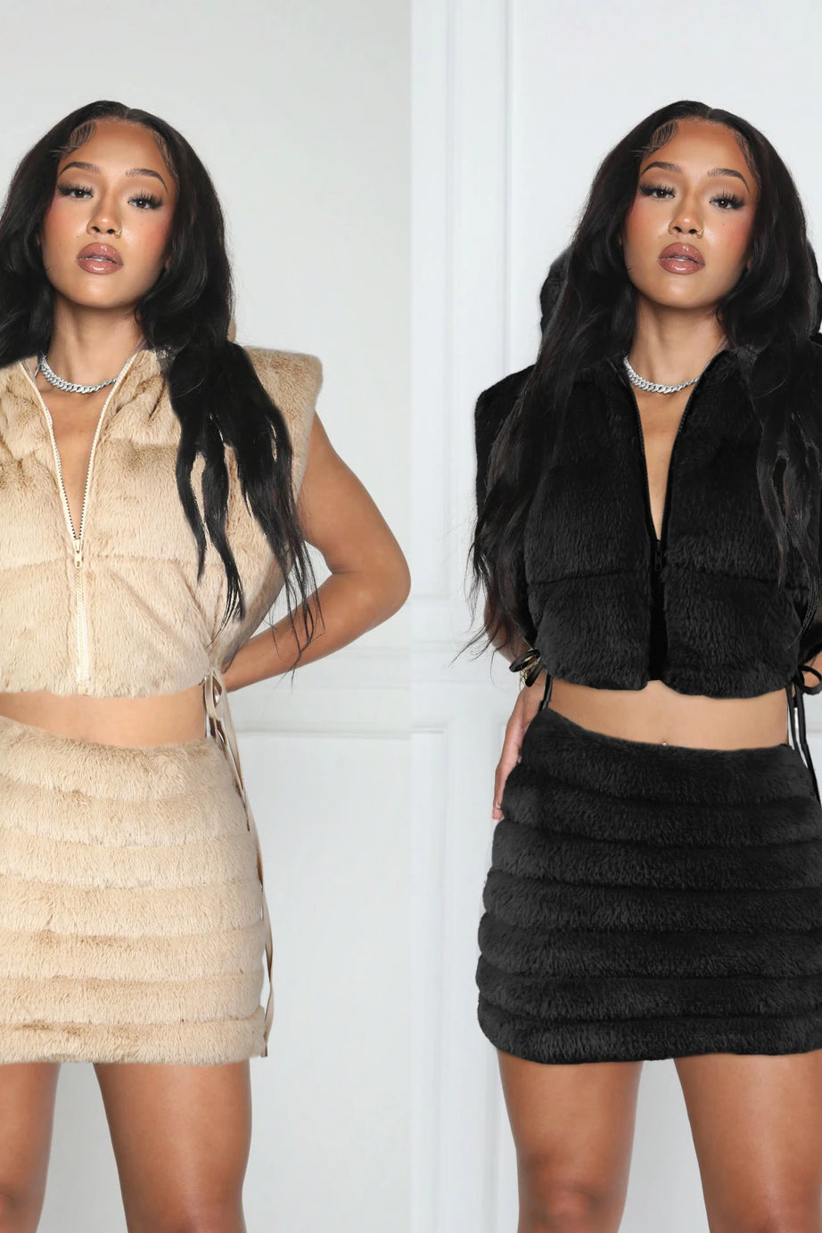 New Winter Fur Jackets Skirt Sets