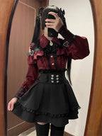 Jirai Kei Red Ruffle Blouse & Black Pleated Skirt Gothic Set Shoptery