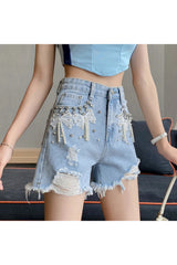 Y2k Pearl Bow Embellished Denim Shorts Shoptery