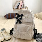 Jirai Kei Corduroy Ribbon Bow Backpack in Cream and Beige GRAY Shoptery