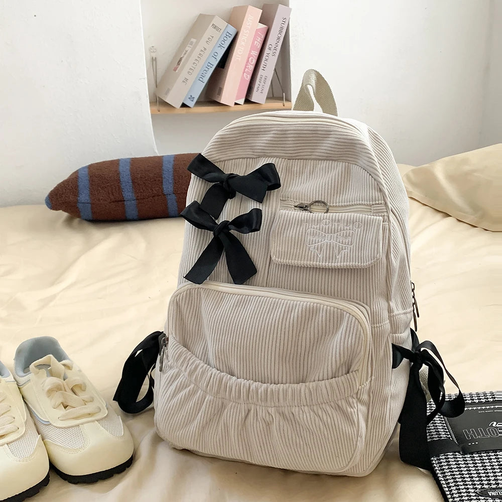 Jirai Kei Corduroy Ribbon Bow Backpack in Cream and Beige GRAY Shoptery