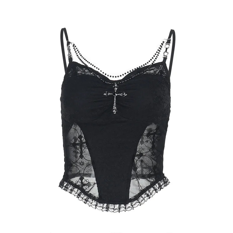 Visual Kei Gothic Cross Lace Corset Camisole Set with Arm Warmers Black Shoptery