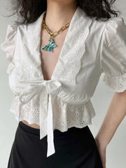 Eyelet Romance Tie-Front Coquette Blouse White Shoptery