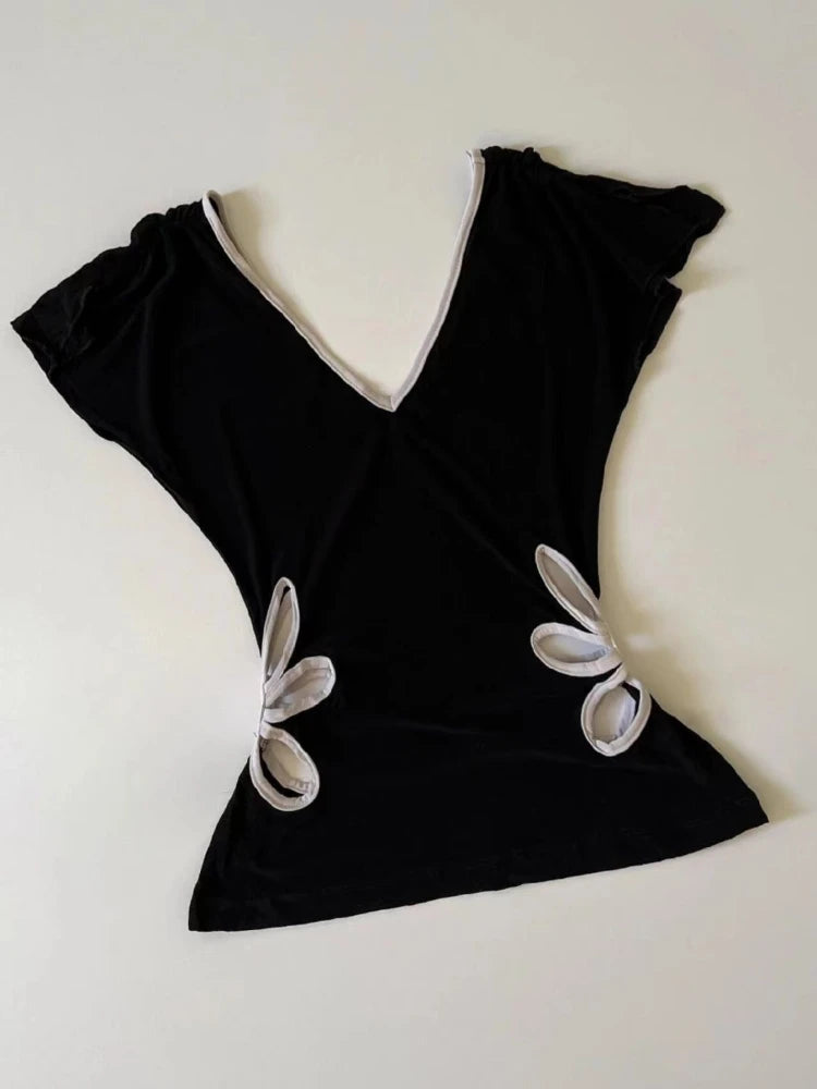 Petal Cutout V-Neck Aesthetic Top Shoptery