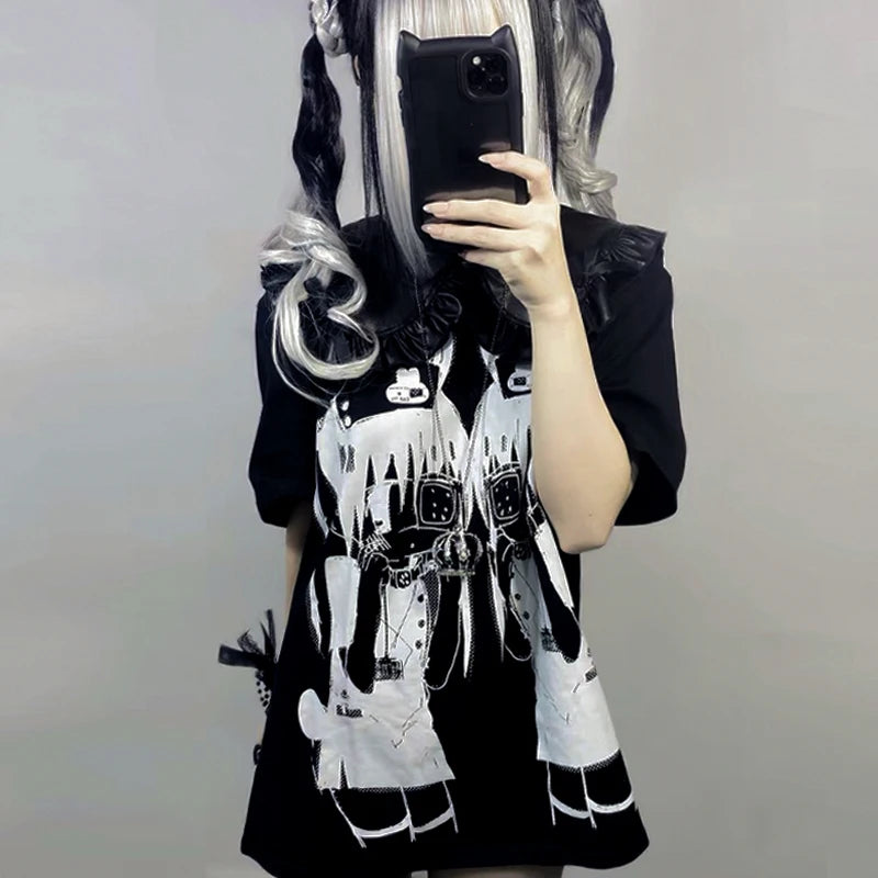 Jirai Kei Twin Bunny Girl Anime Graphic Layered T-Shirt Dress Shoptery