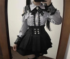 Jirai Kei Red Ruffle Blouse & Black Pleated Skirt Gothic Set Shoptery
