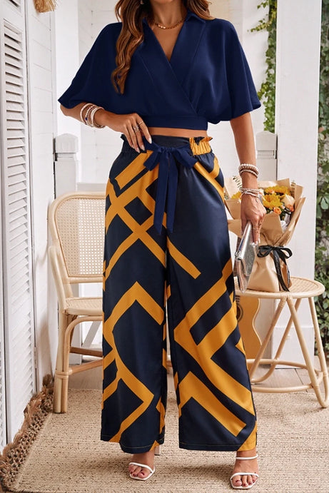 Women's Sleeved Contrasting Print Wide Leg Two-Piece Set