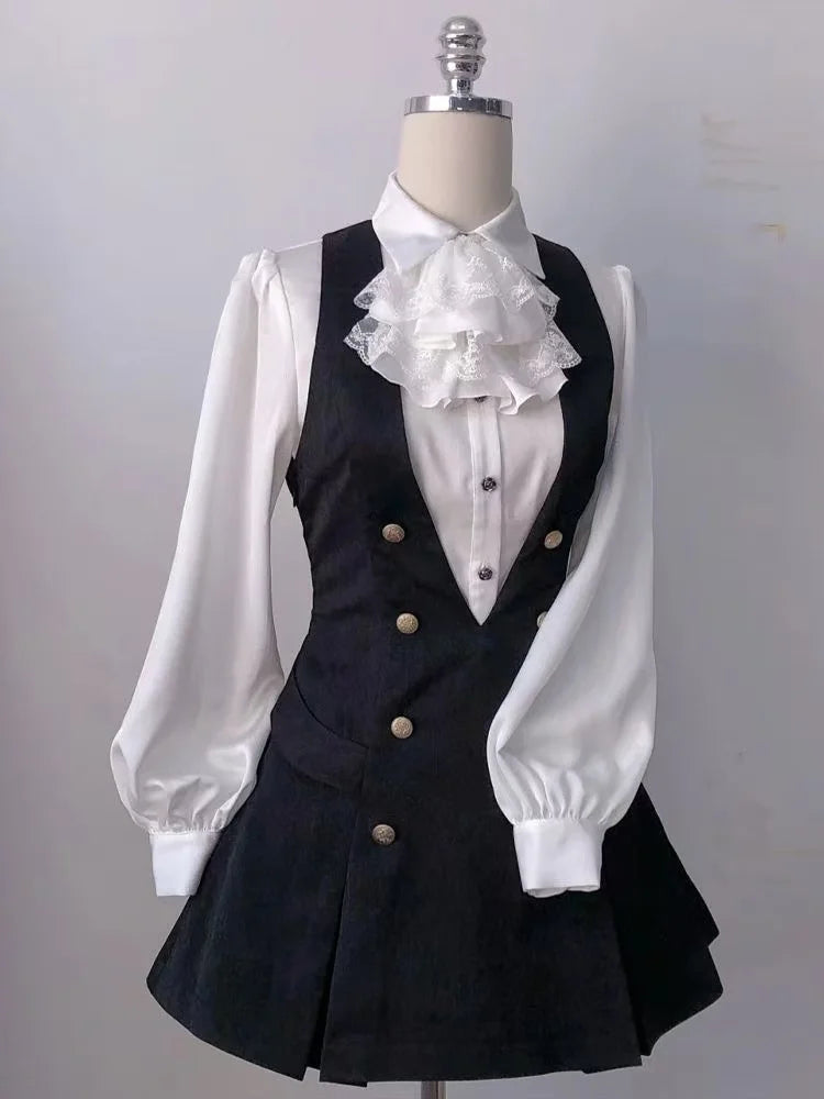 Jirai Kei Ruffle Blouse Black Vest & Lace Skirt 3-Piece Set Set B Shoptery