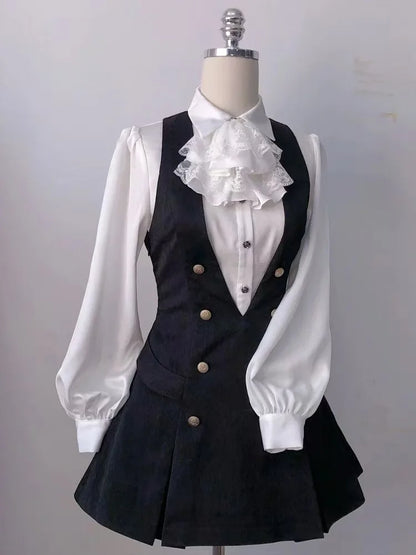 Jirai Kei Ruffle Blouse Black Vest & Lace Skirt 3-Piece Set Set B Shoptery