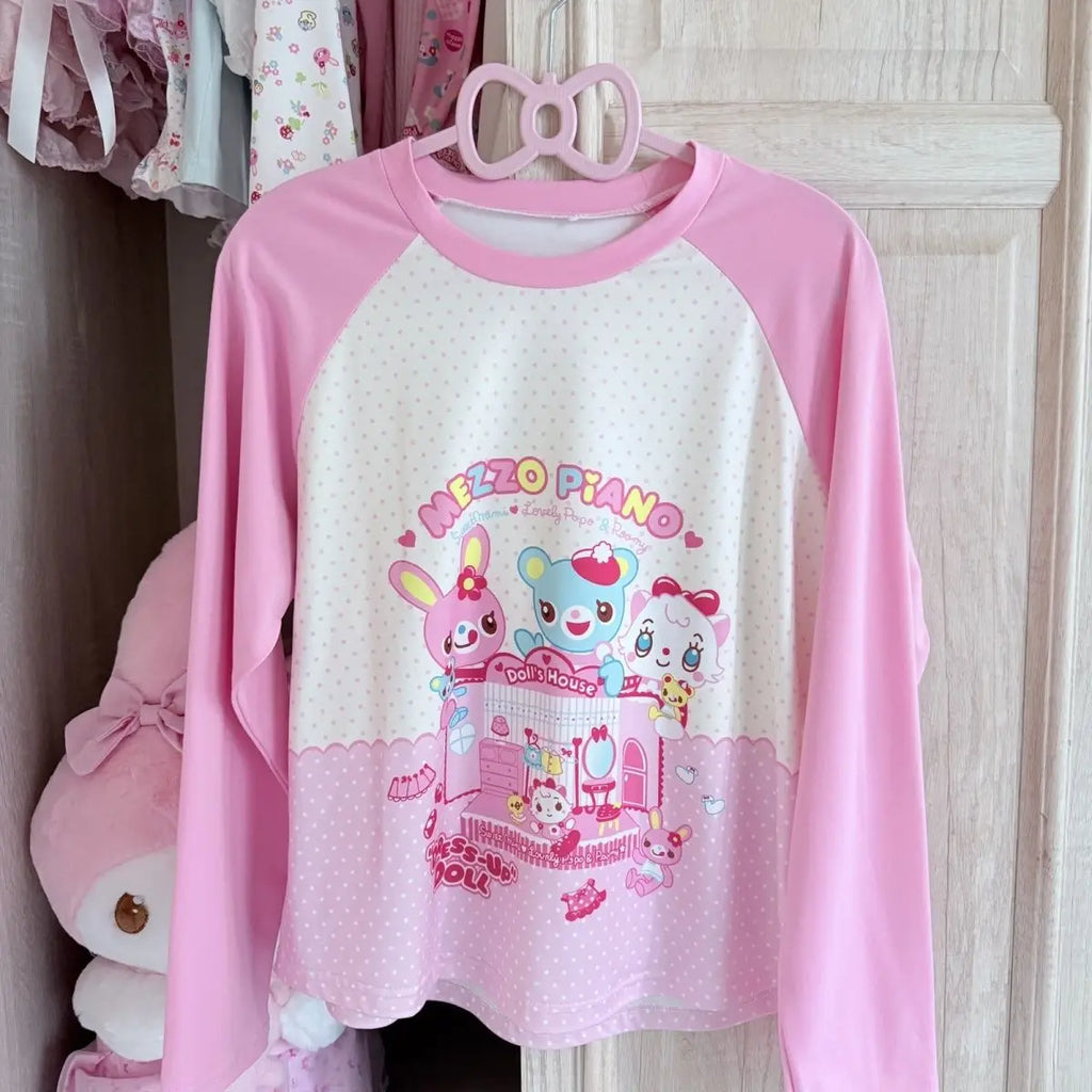 Decora Mezzo Piano Kawaii Character Raglan Long Sleeve Tee Shoptery