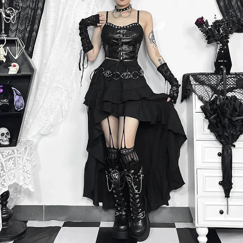 Visual Kei Black Faux Leather Corset & Asymmetric Ruffle Skirt Set Shoptery