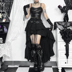 Visual Kei Black Faux Leather Corset & Asymmetric Ruffle Skirt Set Shoptery
