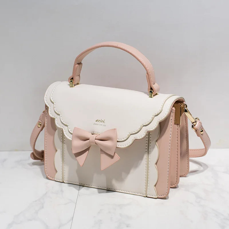 Jirai Kei Scallop Bow Crossbody Handbag in Pink & Cream Shoptery