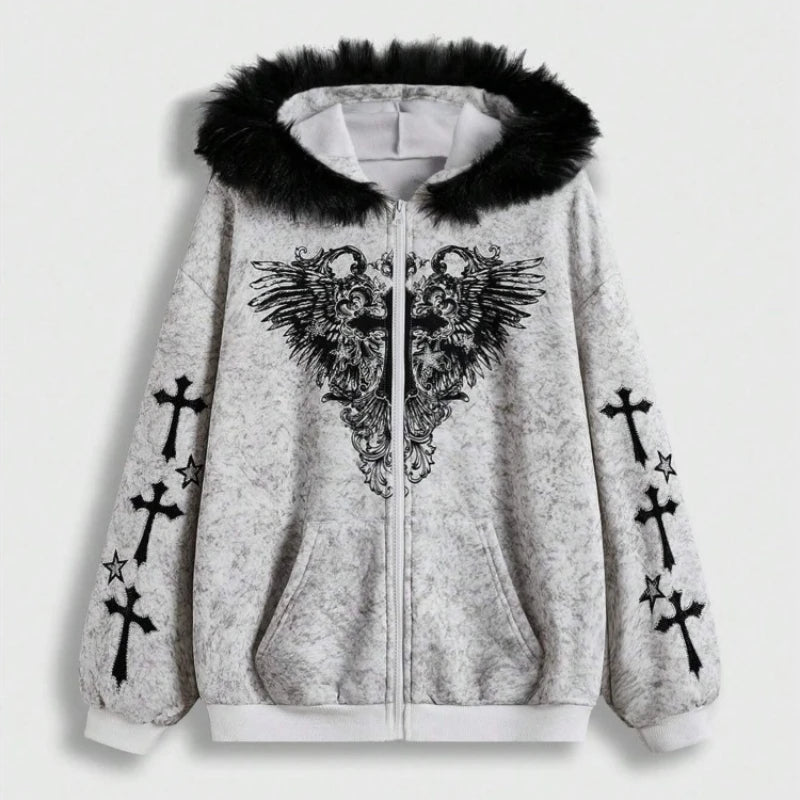 Fallen Grace Cross Zip Hoodie Light Gray Shoptery