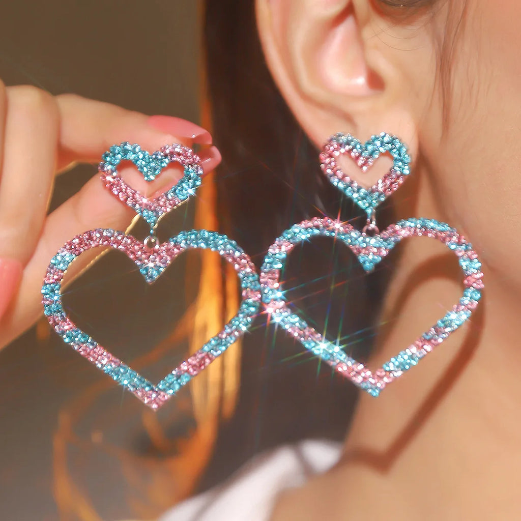 Jirai Kei Double Heart Glitter Drop Earrings in Hot Pink LDE07-3 Shoptery