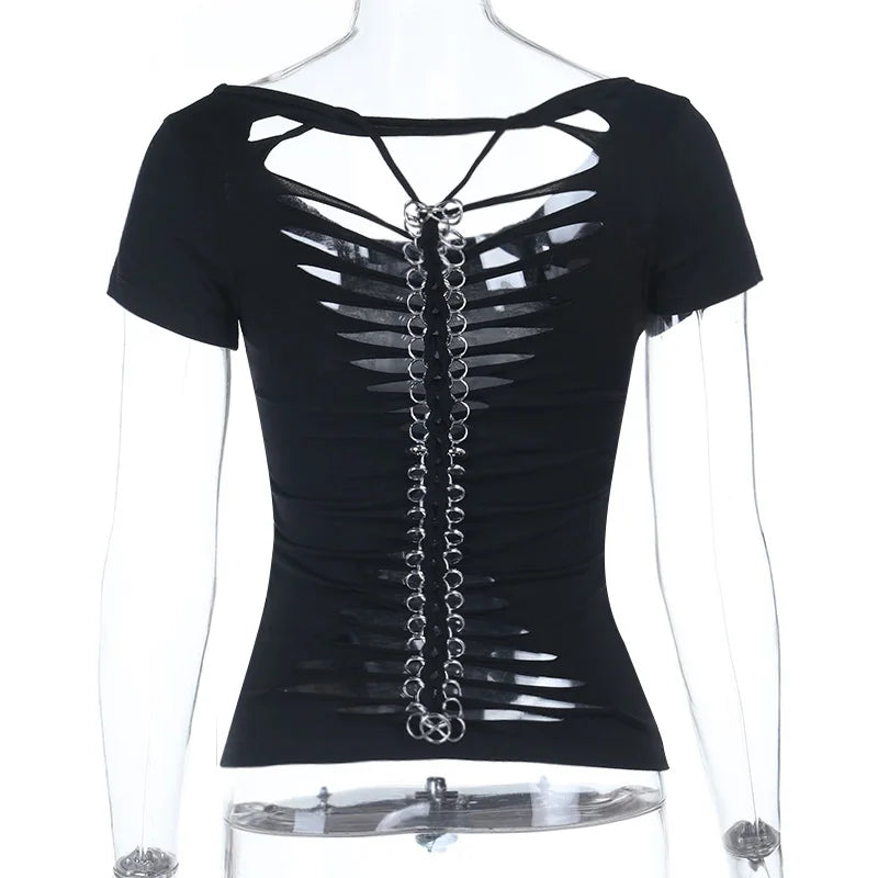 Visual Kei Slashed Fishbone Ring & Safety Pin Cutout Black Tee Shoptery