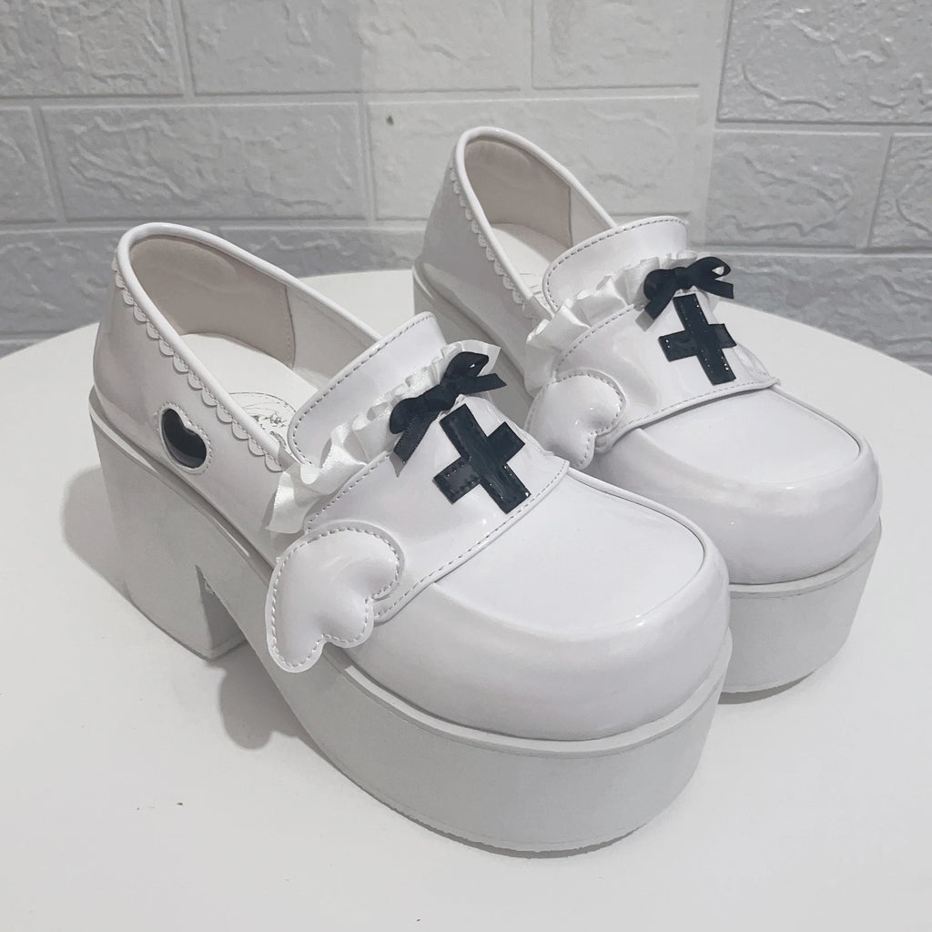 Menhera White Platform Loafers with Cross and Bow Details WHITE Shoptery