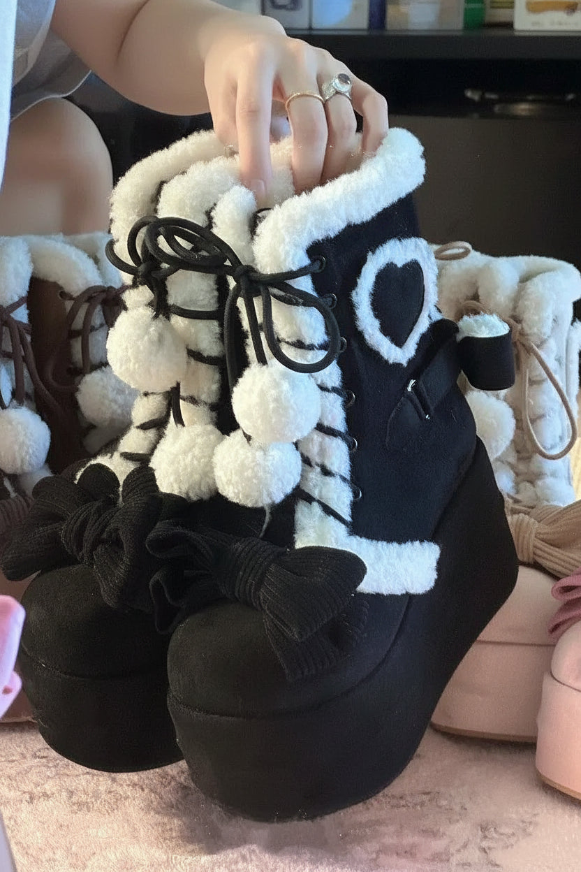 Jirai Kei Plush-Trim Platform Boots with Bow & Pompom Lace-Up black Shoptery