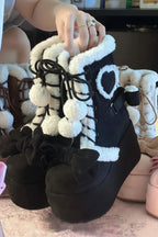 Jirai Kei Plush-Trim Platform Boots with Bow & Pompom Lace-Up black Shoptery