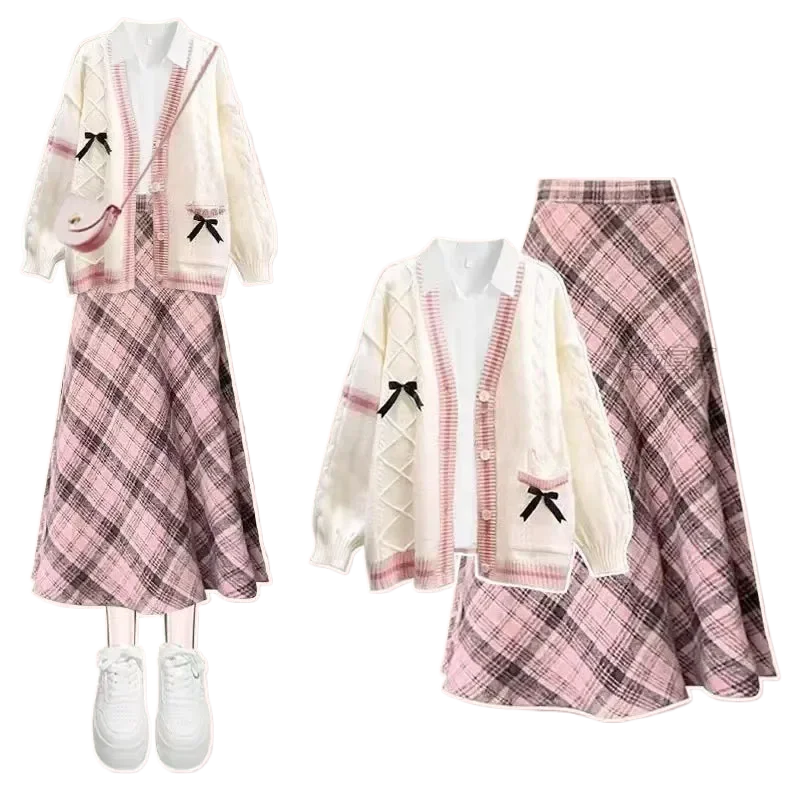 Mori Kei Cable Knit Cardigan & Plaid Skirt Set with Bow Details Three piece set2 Shoptery
