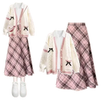 Mori Kei Cable Knit Cardigan & Plaid Skirt Set with Bow Details Three piece set2 Shoptery