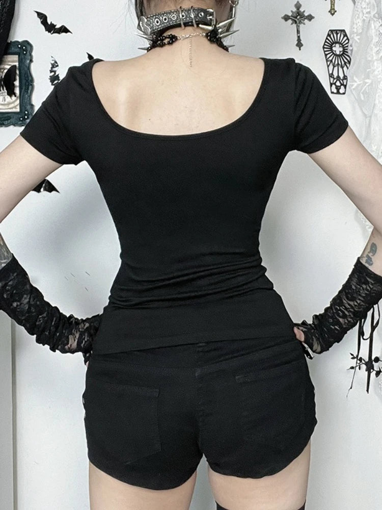 Visual Kei Slashed Fishbone Ring & Safety Pin Cutout Black Tee Shoptery