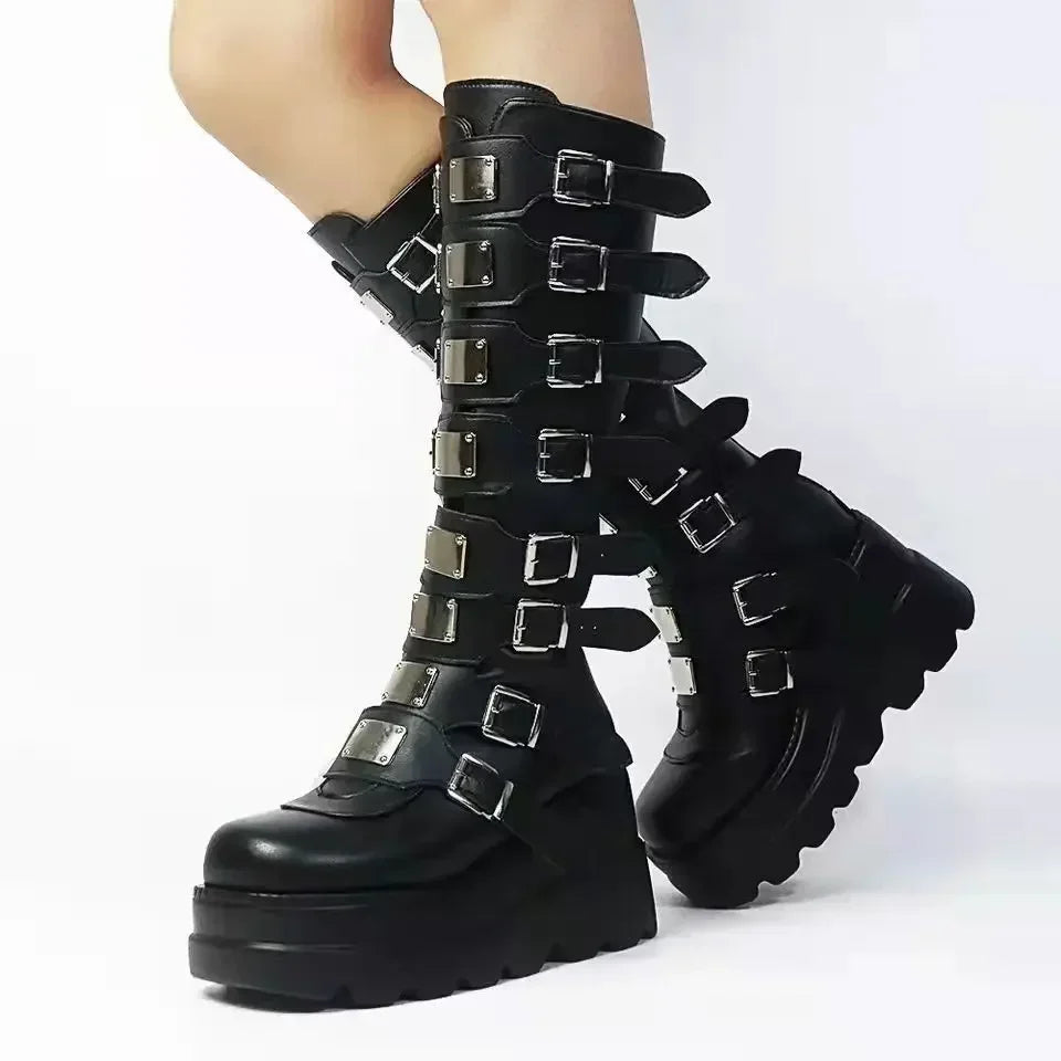 Visual Kei White Platform Knee-High Buckle Strap Boots black Shoptery