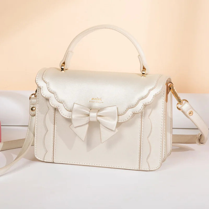 Jirai Kei Scallop Bow Crossbody Handbag in Pink & Cream Beige Shoptery