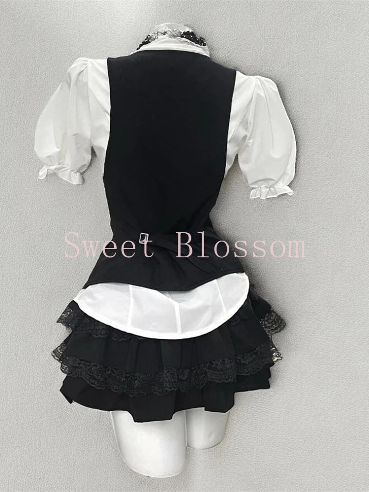 Jirai Kei Ruffle Blouse Black Vest & Lace Skirt 3-Piece Set Secondary image